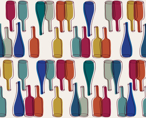 Modern seamless pattern with hand drawn bottles of wine glasses. Background for restaurant, bar menu, party, alcohol drinks, wrapping paper, textile, wallpapers and scrapbook. Vector illustration.
