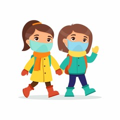 Schoolgirls going to school flat vector illustration. Couple pupils with medical masks on their faces holding hands isolated cartoon characters. Two elementary school students with backpacks 