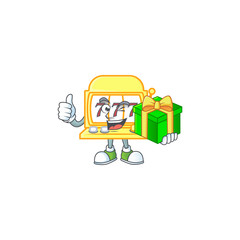 Cute golden slot machine character holding a gift box