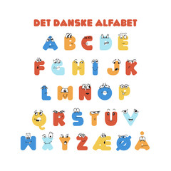 Danish colorful alphabet for education with cute characters in preschool, school, kindergarten, lesson. Print for poster, banner, flyer.