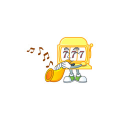 cartoon character style of golden slot machine playing a trumpet