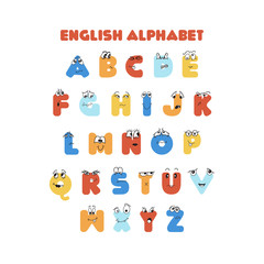 English colorful latin alphabet for kids education with cute hand drawn characters. easy print for poster, banner, kids room wall decoration. Educational material for kindergarten, preschool, school.