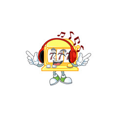 Golden slot machine cartoon character design Listening music on a headset