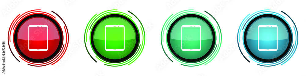Aufkleber Tablet, mobile, phone, smartphone round glossy vector icons, set of buttons for webdesign, internet and mobile phone applications in four colors options isolated on white background