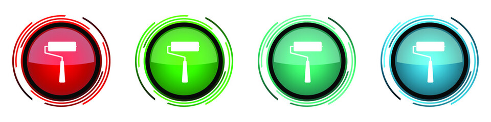 Roll painter, roller round glossy vector icons, set of buttons for webdesign, internet and mobile phone applications in four colors options isolated on white background