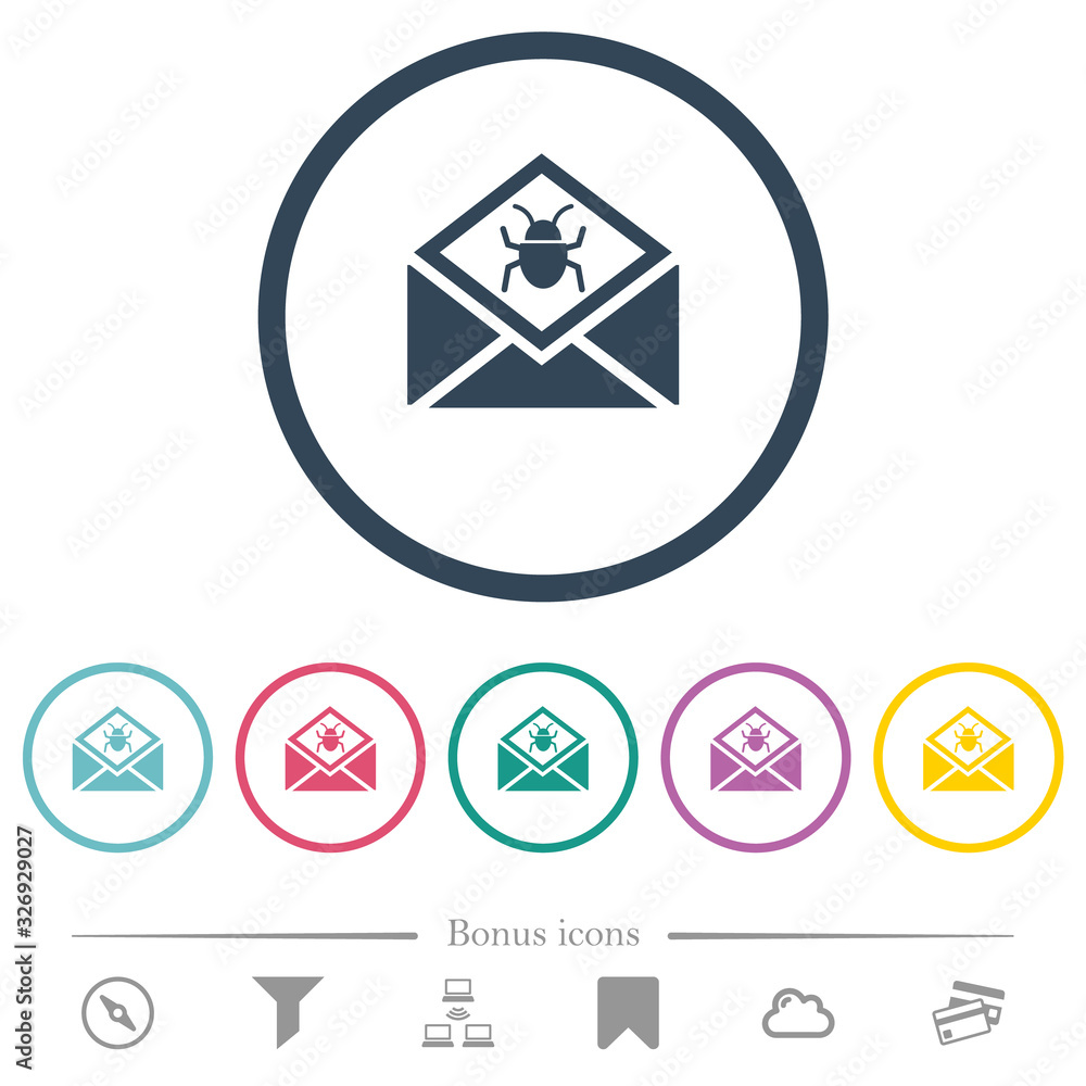 Aufkleber open mail with malware symbol flat color icons in round outlines
