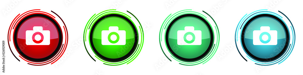 Poster Camera round glossy vector icons, set of buttons for webdesign, internet and mobile phone applications in four colors options isolated on white background