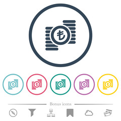 Turkish Lira coins flat color icons in round outlines