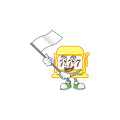 Funny golden slot machine cartoon character design with a flag
