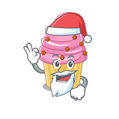 Strawberry cupcake in Santa cartoon character style with ok finger