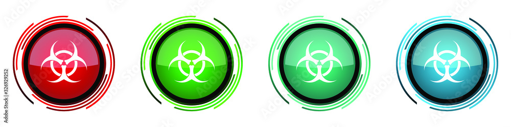 Poster Biohazard round glossy vector icons, set of virus buttons for webdesign, internet and mobile phone applications in four colors options isolated on white background