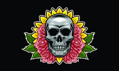 Skull with flowers and leaves vector illustration isolated on black background