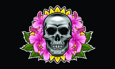 Skull with flowers and leaves vector illustration isolated on black background