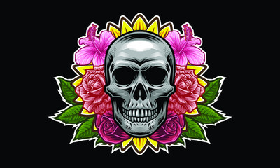 Skull with flowers and leaves vector illustration isolated on black background