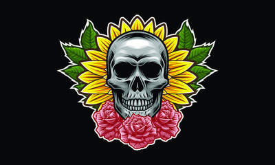 Skull with flowers and leaves vector illustration isolated on black background