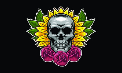 Skull with flowers and leaves vector illustration isolated on black background