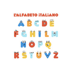 Italian colorful cute alphabet for kids education with hand drawn characters.Education material for kindergarten, preschool, school. Poster, banner, wallpaper, kids room decoration