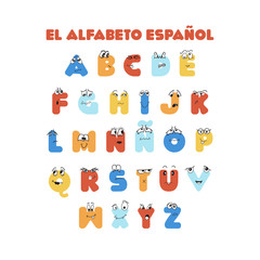 Fototapeta na wymiar Spanish cute alphabet with doodle hand drawn characters for kids education. Print banner, poster, flyer in kindergarten, preschool, school.