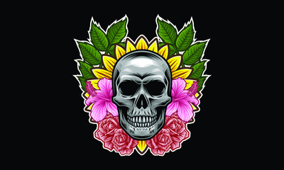 Skull with flowers and leaves vector illustration isolated on black background
