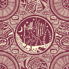 Seamless pattern with hand drawn ethnic tribal round decorative symbols. Vector Illustration