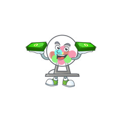 rich and famous lottery machine ball cartoon character with money on hands