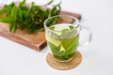drinks, herbs and ethnoscience concept - herbal tea with fresh peppermint on wooden board