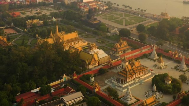 Aerial shot of Royal Palace and Mekong river at sunrise, Phnom Penh, Cambodia