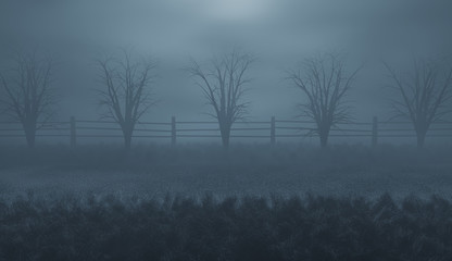 Scary rural road in fog. Foggy countryside landscape with mystical silhouettes, 3d render