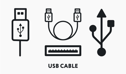 USB Cable Connector Port Cord Wire Symbol. Flat Vector Line Icon Set. - obrazy, fototapety, plakaty