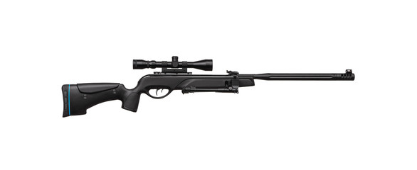 Pneumatic rifle with a telescopic sight. Modern air rifle on a bipod isolate on a white background....