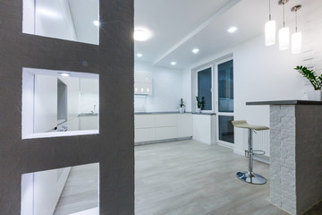 interior design of clean modern white kitchen