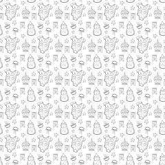 Seamless pattern with clothes and different things for newborns. Black and white linear sketch of a body, nipples, bottles, cupcake with a candle, stars and flags for design of packaging, textiles