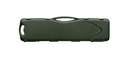 Green plastic hard case for transporting and storing weapons. Gun container isolate on a white background.