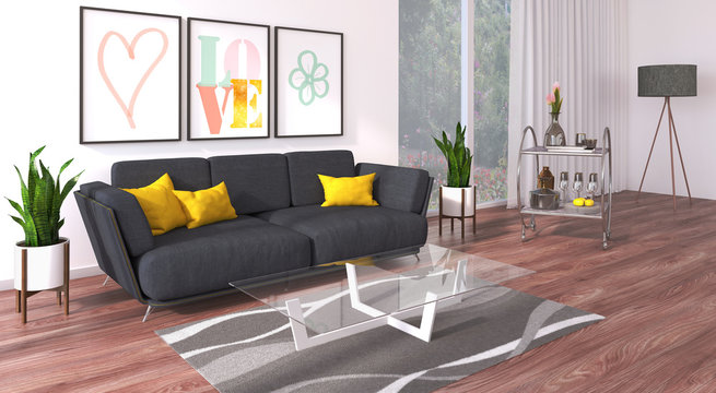 3d render of a modern and bright living room gives the idea of a light and sunny place to live. Furniture is modern, contemporary, very subtle and comfortable. Decoration is made with style. 