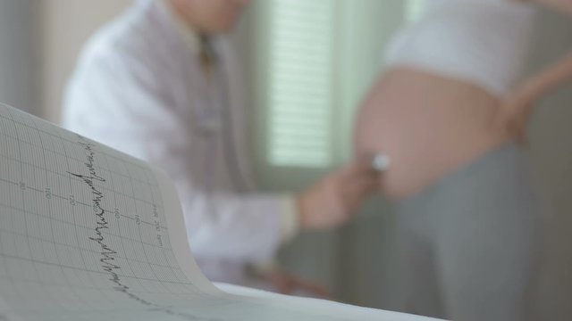 Doctor cardiologist with a stethoscope examines a young pregnant woman. Fetal heart rate monitoring, electrocardiogram test results in closeup on foreground. Selective focus