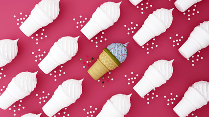 Colorful ice cream in a cone on a red background - 3D Rendering