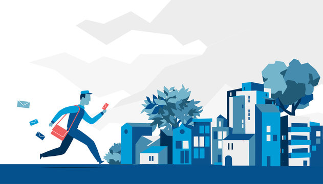 Postino consegna le lettere correndo per le strade della citt&agrave;. Illustrazione vettoriale	