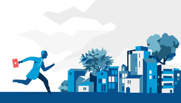 Medico con kit di pronto soccorso, borsa rossa e stetoscopio corre in citt&agrave;. Illustrazione vettoriale