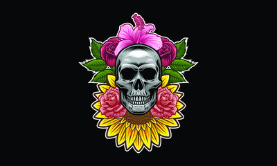 Skull with flowers and leaves vector illustration isolated on black background
