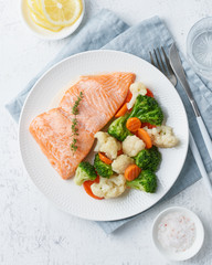 Steam salmon and vegetables, Paleo, keto, fodmap, dash diet. Mediterranean food with fish