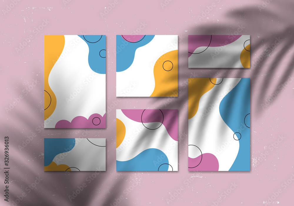 Aufkleber Trendy Template Mock Up Design. Vector Collage with Flyers Graphic Design with Palm Leaves Shadow Overlays.