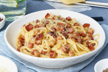 Carbonara pasta. Spaghetti with pancetta