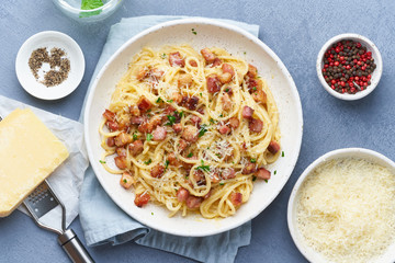 Carbonara pasta. Spaghetti with pancetta, egg, parmesan cheese