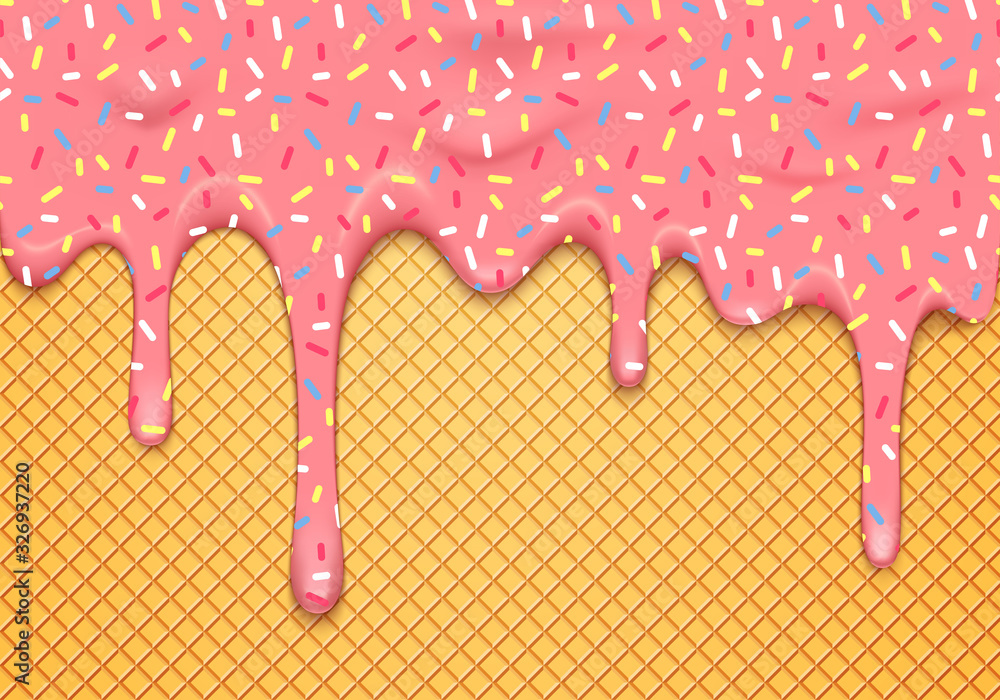Aufkleber vector illustration with dripping pink glaze with colorful sprinkles on waffle. abstract 3d food bac