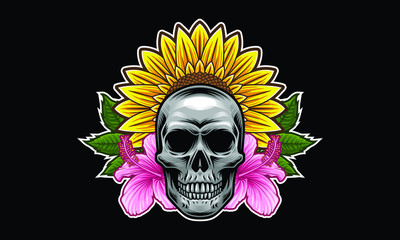 Skull with flowers and leaves vector illustration isolated on black background