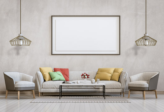 mock up poster frame interior living room background, 3D render