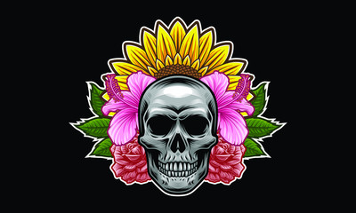 Skull with flowers and leaves vector illustration isolated on black background