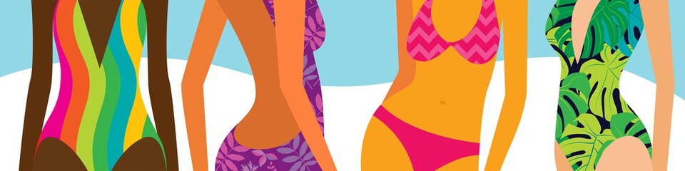 bright beach banner, women of different skin colors in bright swimwear close-up,  		only the torso is visible. local bright spots of colour. horizontal format. vector illustration.  EPS 10.