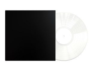 White Colored Vinyl Disc Mock Up. Vintage LP Vinyl Record with Black Cover Sleeve and White Label Isolated on White Background. 3D Render.