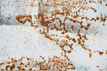 Abstract background. Rust spots of various shapes and sizes on the old metal surface, painted white. Background, structure.